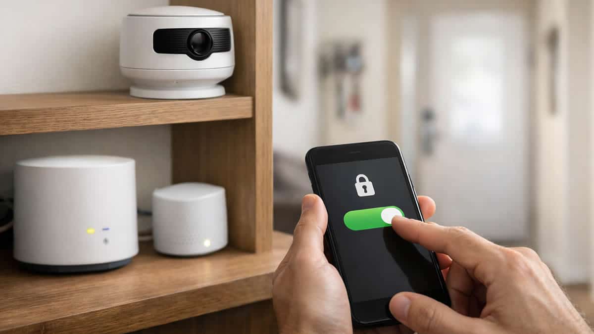 Manos activando un acceso seguro en el móvil junto a una cámara IP y un router en casa, para una cámara de seguridad sin suscripción.