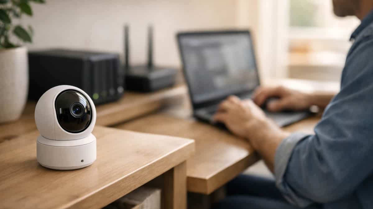 C&aacute;mara IP de interior junto a un router y un NAS mientras se configura en un port&aacute;til, ideal para una c&aacute;mara de seguridad sin suscripci&oacute;n con grabaci&oacute;n local.