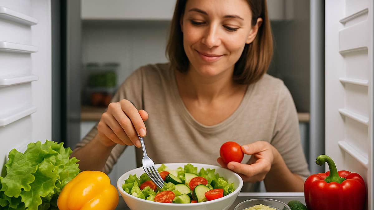 Vista de una nevera abierta con platos caseros ya preparados, verduras frescas y recipientes de cristal listos para montar cenas saludables rápidas.