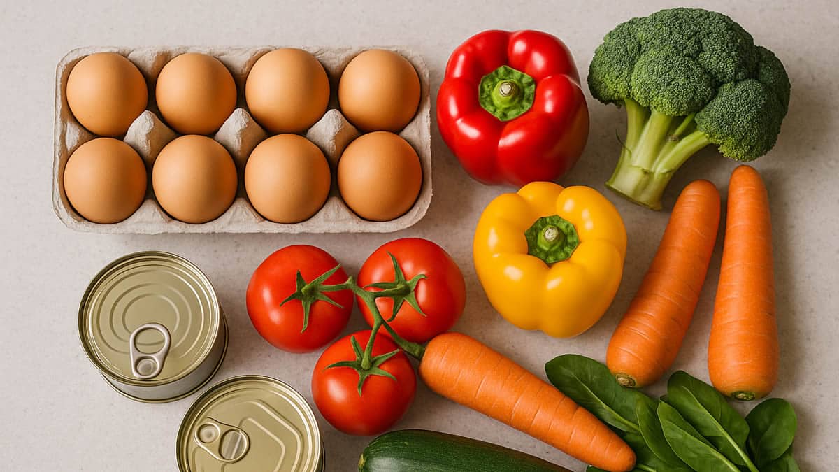 Bandeja con huevos, conservas y verduras preparada para combinar en distintas cenas.