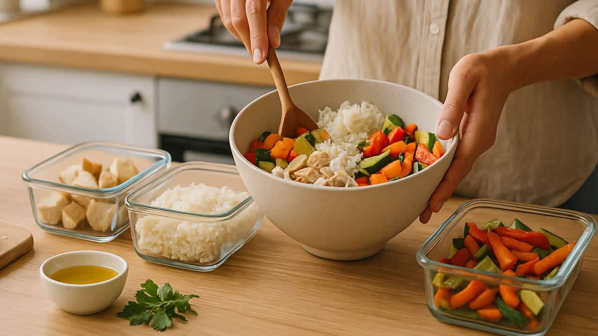 Cocina sin residuos diaria con sobras organizadas en tápers de cristal y un plato saludable preparado con restos de comida