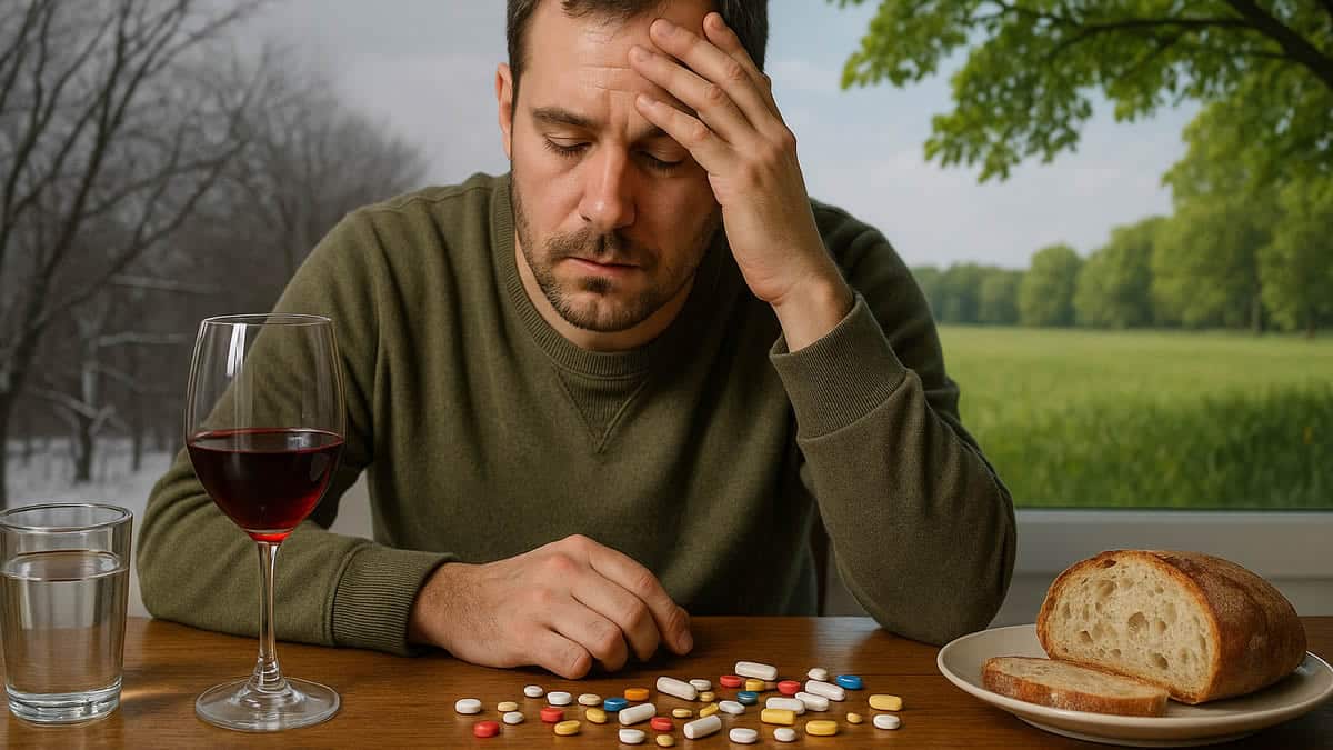 Cómo afectan las estaciones a fármacos alcohol y carbohidratos en un hombre que combina medicación, vino y pan entre verano e invierno