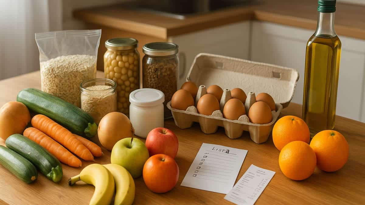 Compra saludable barata con legumbres, verduras de temporada, fruta, huevos y avena para comer sano sin arruinarse en el supermercado