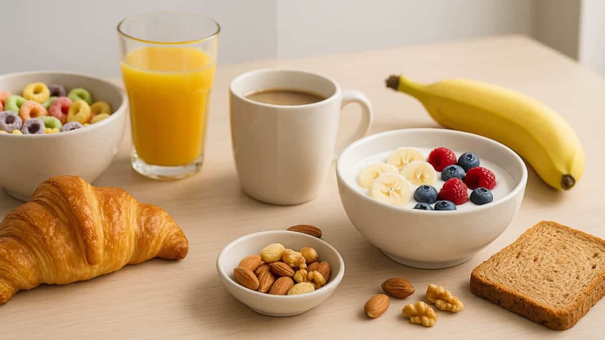 Comparaci&oacute;n de desayuno con boller&iacute;a industrial frente a desayuno saludable con yogur, fruta y tostada integral