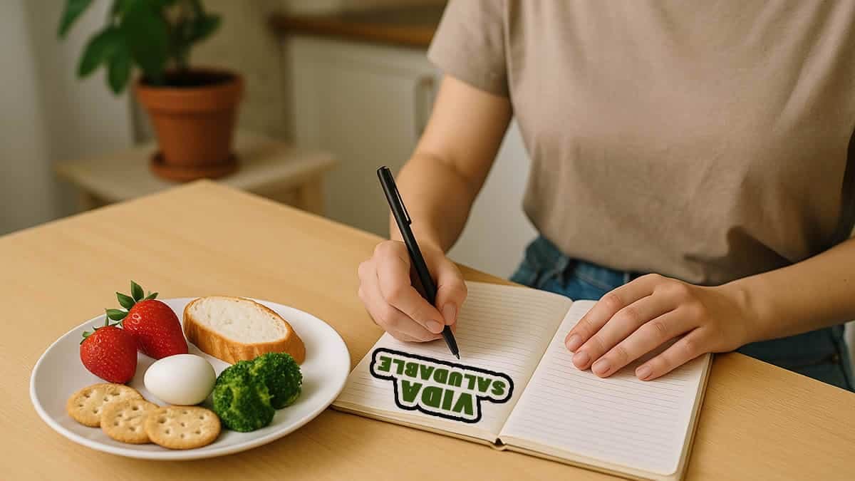 Persona escribiendo en un diario de alimentos junto a un plato con comida para detectar intolerancias alimentarias ocultas