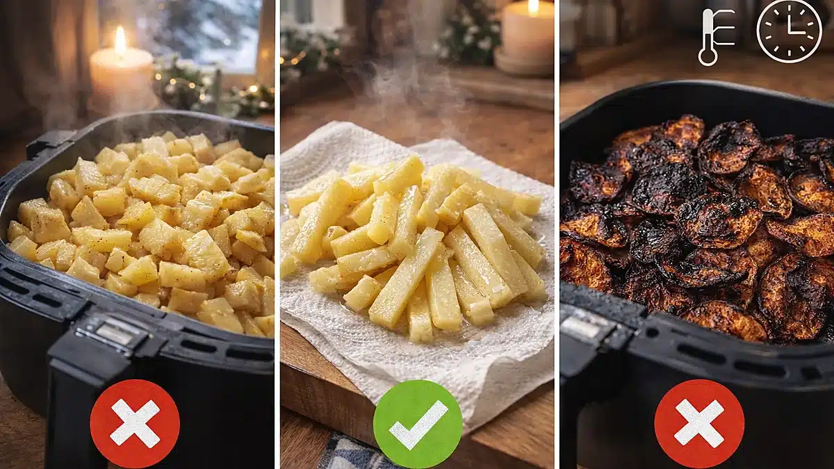 Errores comunes en patatas en freidora de aire: exceso de cantidad, patata húmeda y chips quemadas