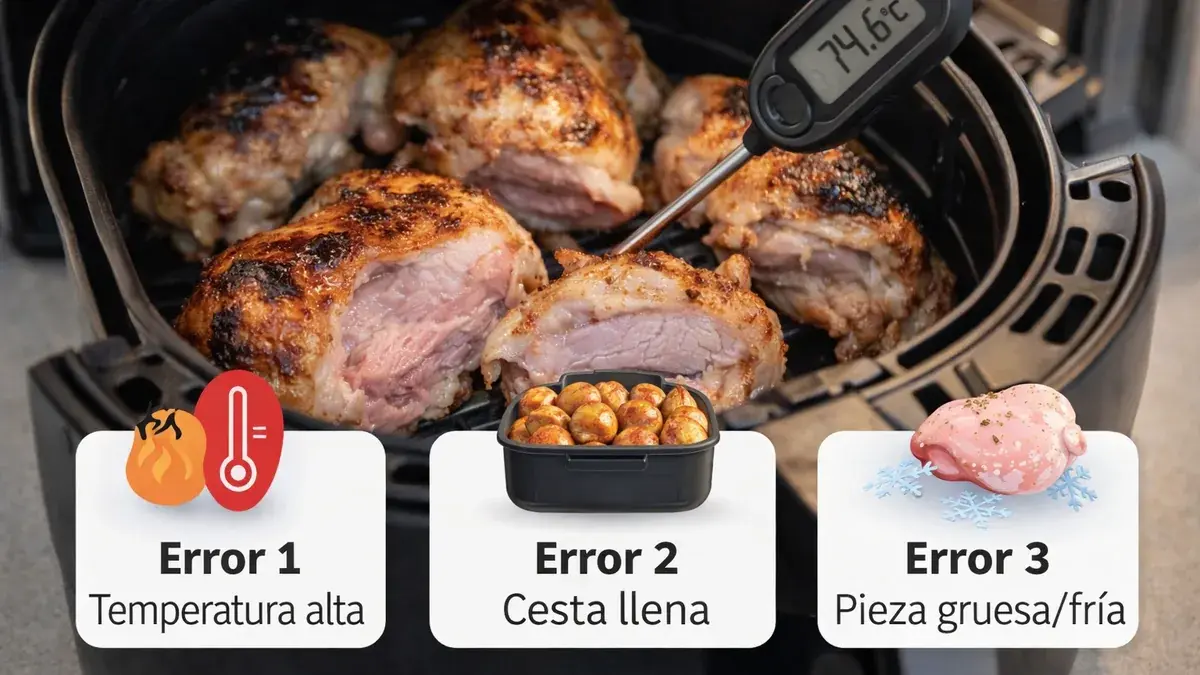 Airfryer con pollo crudo por dentro: 3 errores al convertir horno a freidora de aire (temperatura alta, cesta llena, pieza fr&iacute;a)