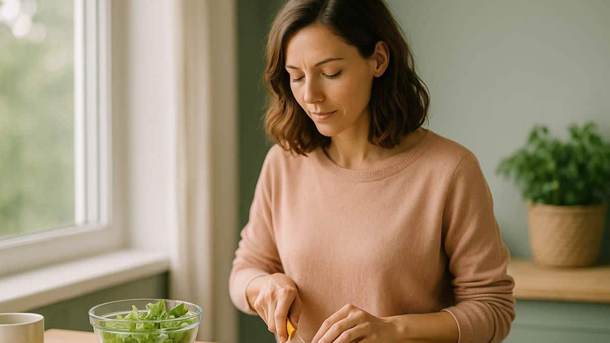 Comida sencilla y un momento de pausa para cuidar el estrés y la digestión en el día a día.