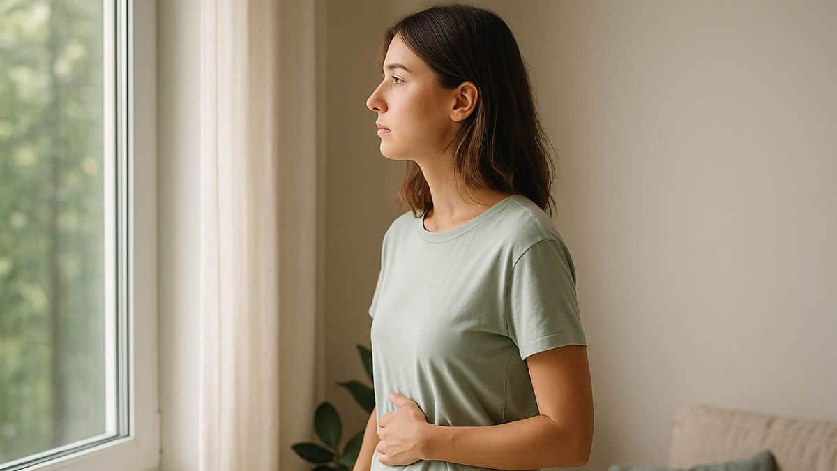 Mujer adulta junto a una ventana, con una mano en el estómago, reflejando cómo el estrés y la digestión se relacionan en su día a día.