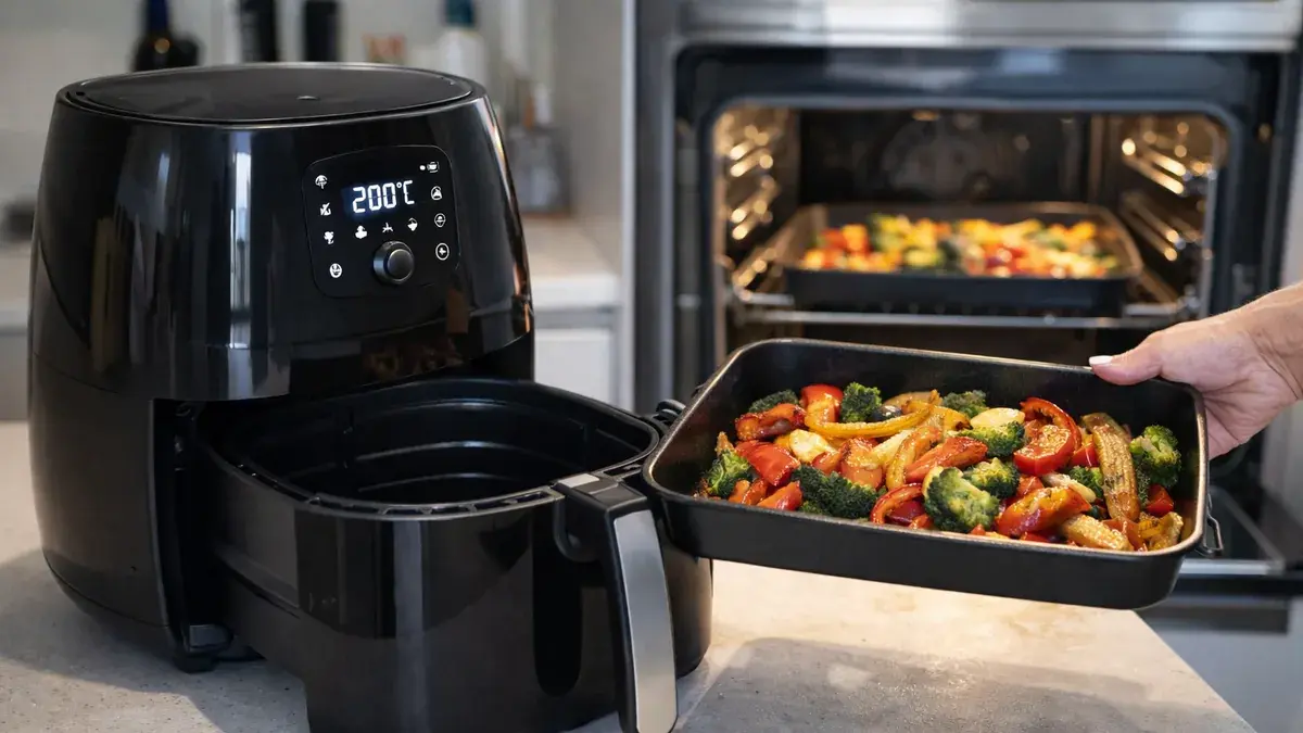 Bandeja de verduras del horno pasando a la freidora de aire para convertir una receta