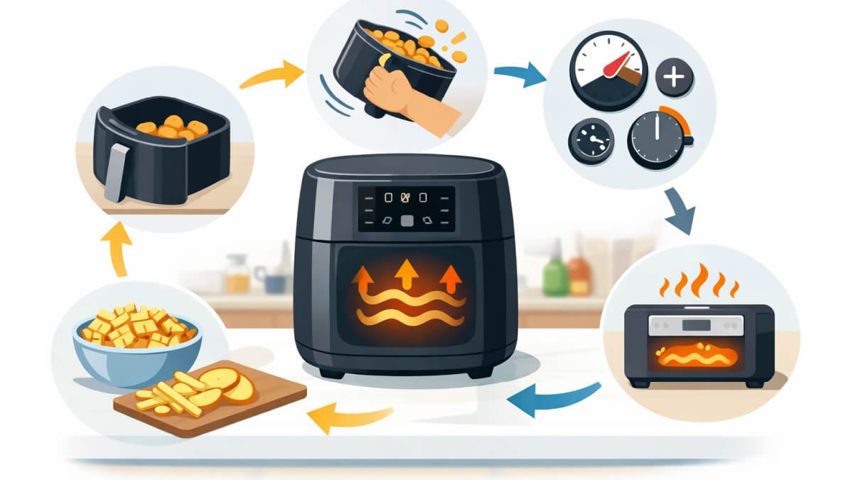 5 pasos para usar la freidora de aire: cantidad, sacudir, ajustar tiempo y temperatura y precalentar.