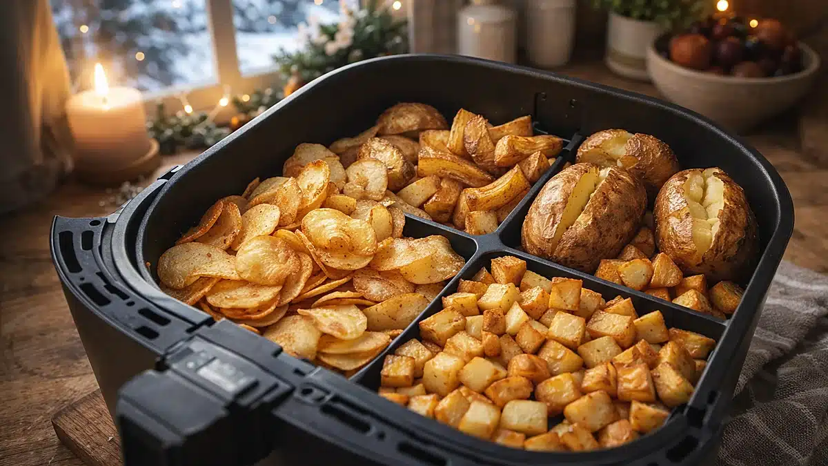 Patatas en freidora de aire por corte: chips, gajos, dados y patata asada en cesta
