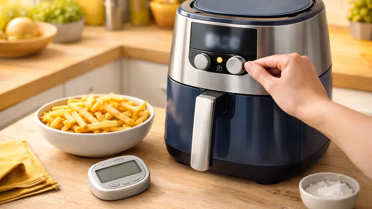 Una freidora de aire en una cocina de tonos amarillos, con patatas y temporizador.