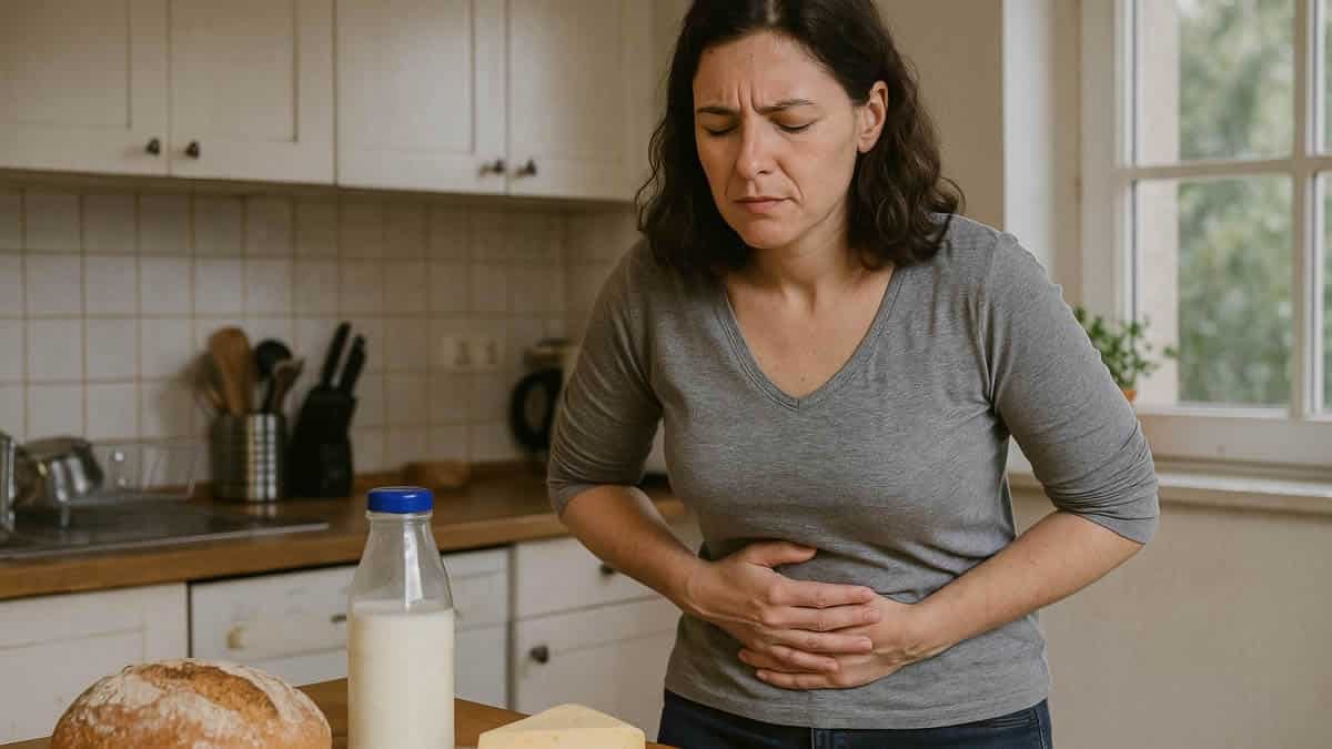 Mujer adulta en casa con molestias digestivas leves sujetándose el abdomen tras comer alimentos cotidianos