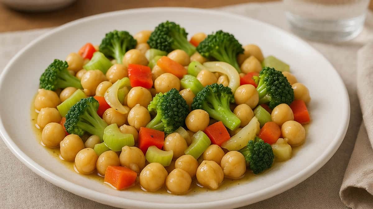 Plato de legumbres ligeras con garbanzos, verduras y aliño suave