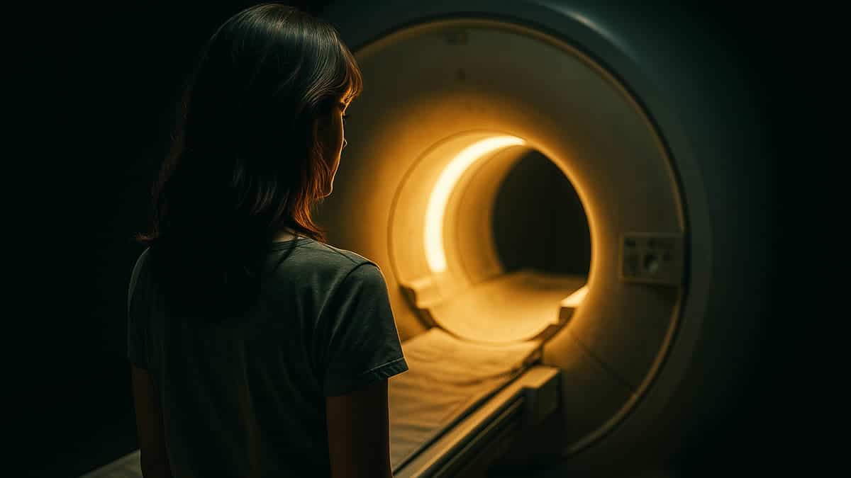 Mujer nerviosa en un pasillo de hospital que se prepara para una resonancia magnética y muestra su miedo a la prueba.