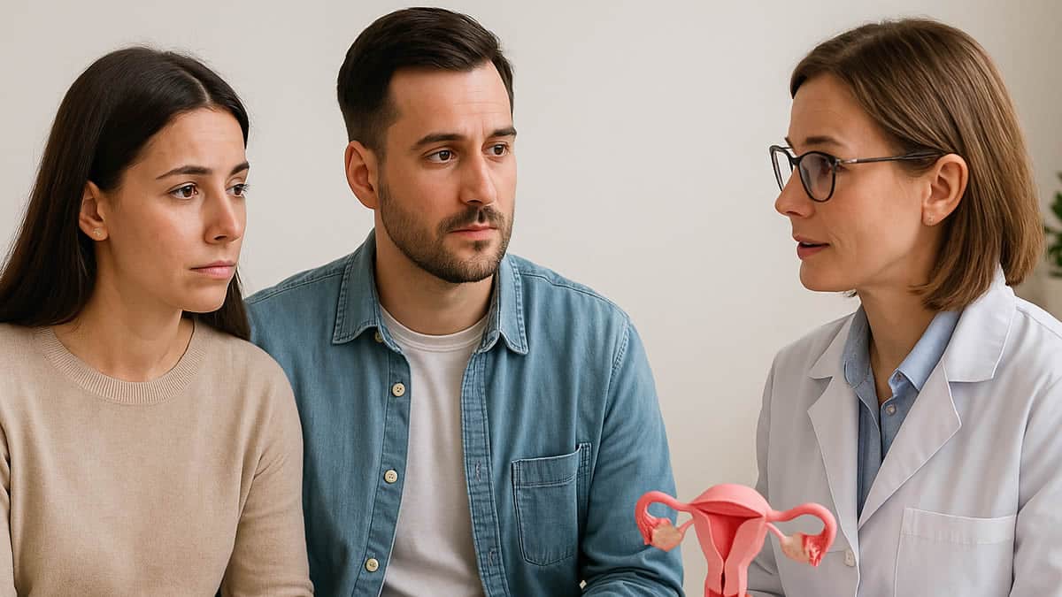 Pareja joven hablando con una ginecóloga que sostiene un modelo de útero mientras resuelven mitos sobre la FIV en una consulta de fertilidad.