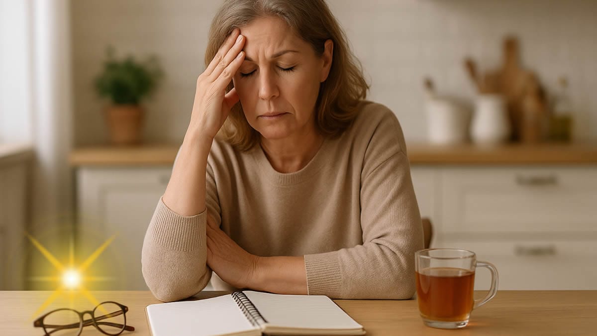 Mujer de mediana edad sentada en el sofá anotando síntomas de niebla mental en la menopausia