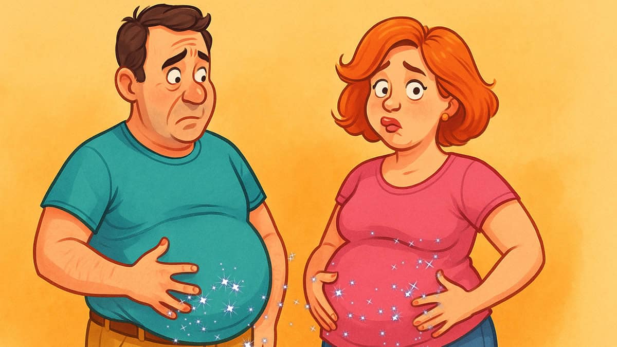 Pareja de mediana edad mirando su barriga y preocupada por la grasa abdominal