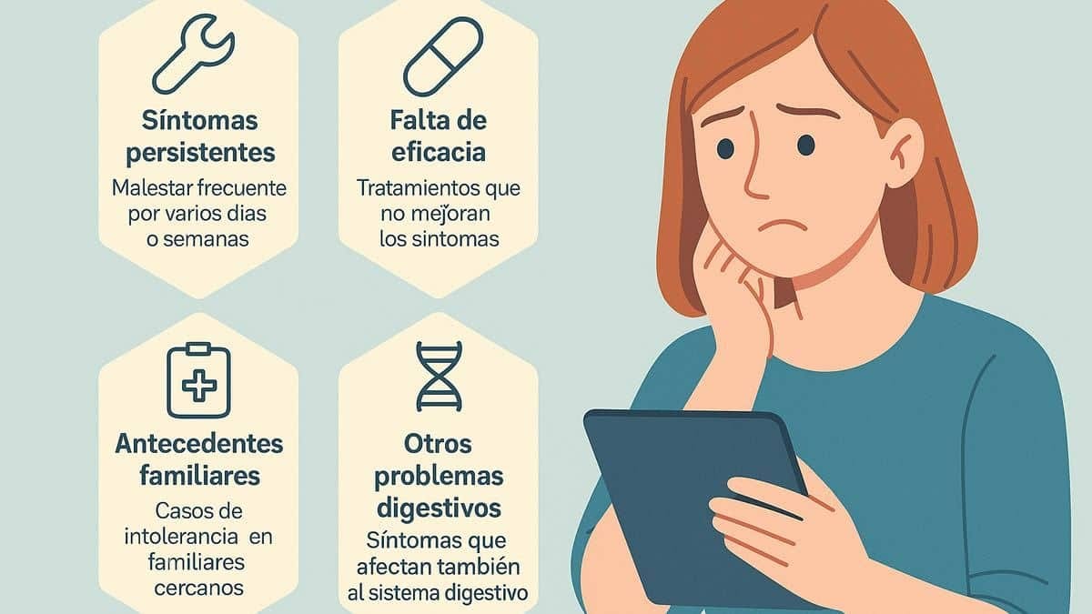 Ilustración de una mujer preocupada mirando una tablet junto a iconos que resumen cuándo acudir al médico por síntomas relacionados con pruebas de intolerancia alimentaria.