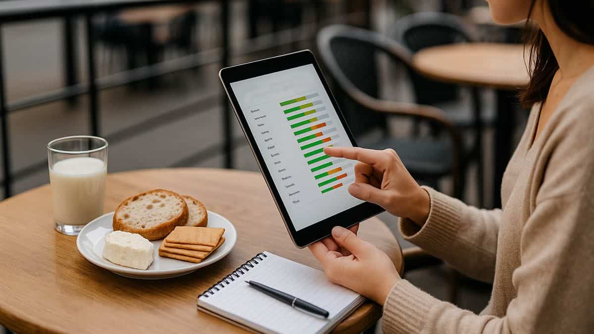 Mujer en la terraza de un bar revisando en una tablet sus pruebas de intolerancia alimentaria junto a pan, queso y un vaso de leche.