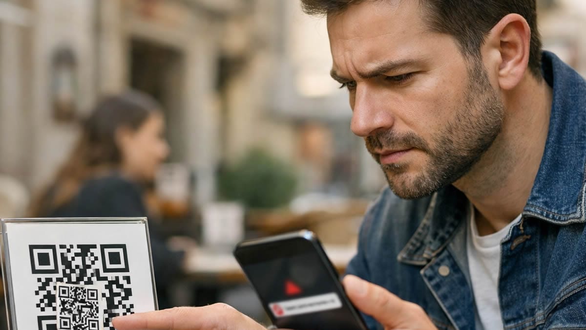 Una persona escanea un c&oacute;digo QR con el m&oacute;vil en un entorno urbano, revisando el enlace para evitar un QR malicioso.