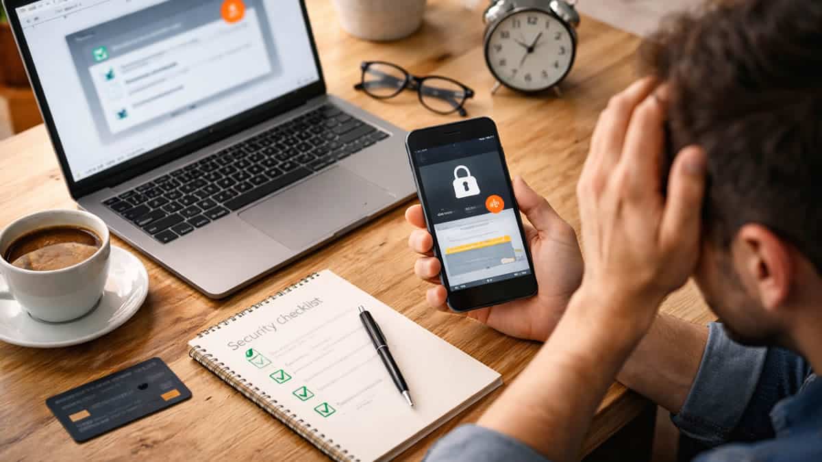 Una persona revisa el m&oacute;vil y anota pasos de seguridad en una libreta en casa tras abrir un QR, enfocada en actuar r&aacute;pido.