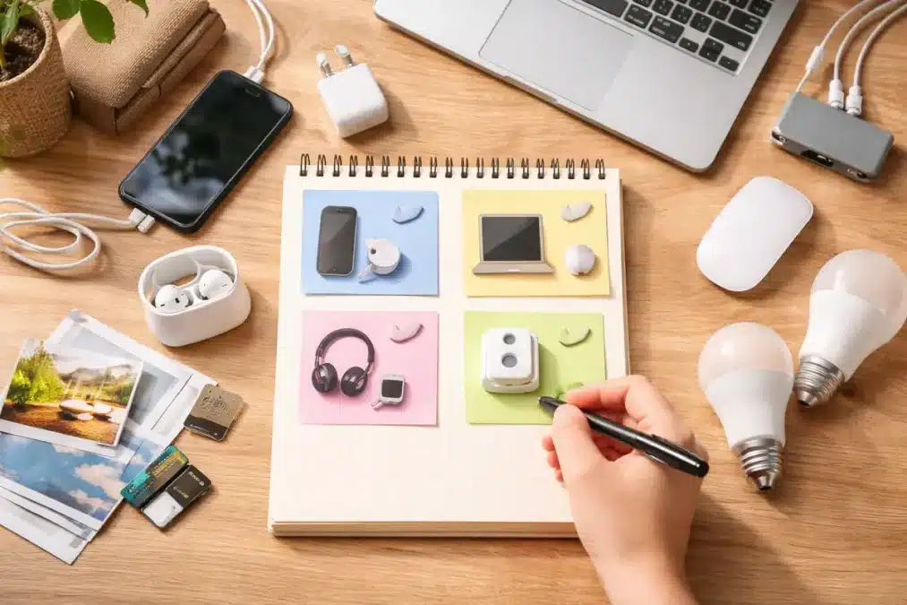 Mesa de madera con un cuaderno abierto y notas de colores que agrupan gadgets como m&oacute;vil, cargador, auriculares, rat&oacute;n, hub USB y bombillas, a modo de tabla por perfiles.