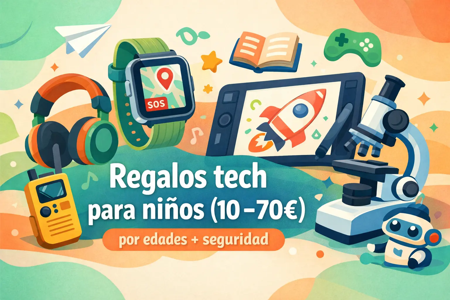 Ilustraci&oacute;n de gadgets infantiles (reloj con control parental, auriculares y tablet de dibujo) para regalos tech para ni&ntilde;os de 10 a 70 euros