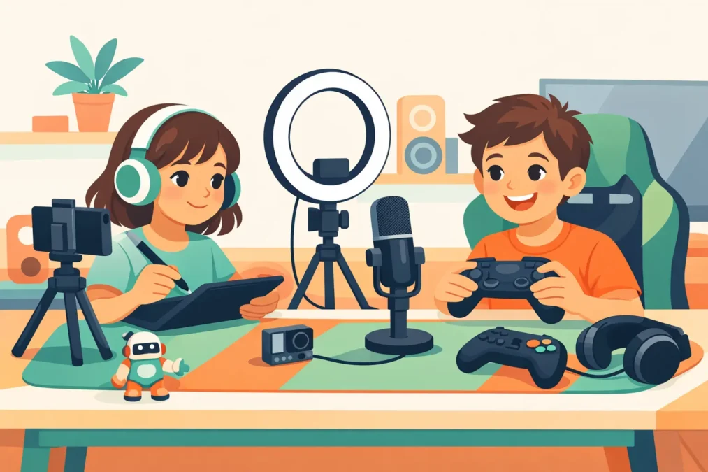 Ilustraci&oacute;n sobre regalos tech para ni&ntilde;os de 9 a 12 a&ntilde;os: accesorios para crear, estudiar y jugar (10&ndash;70&euro;).