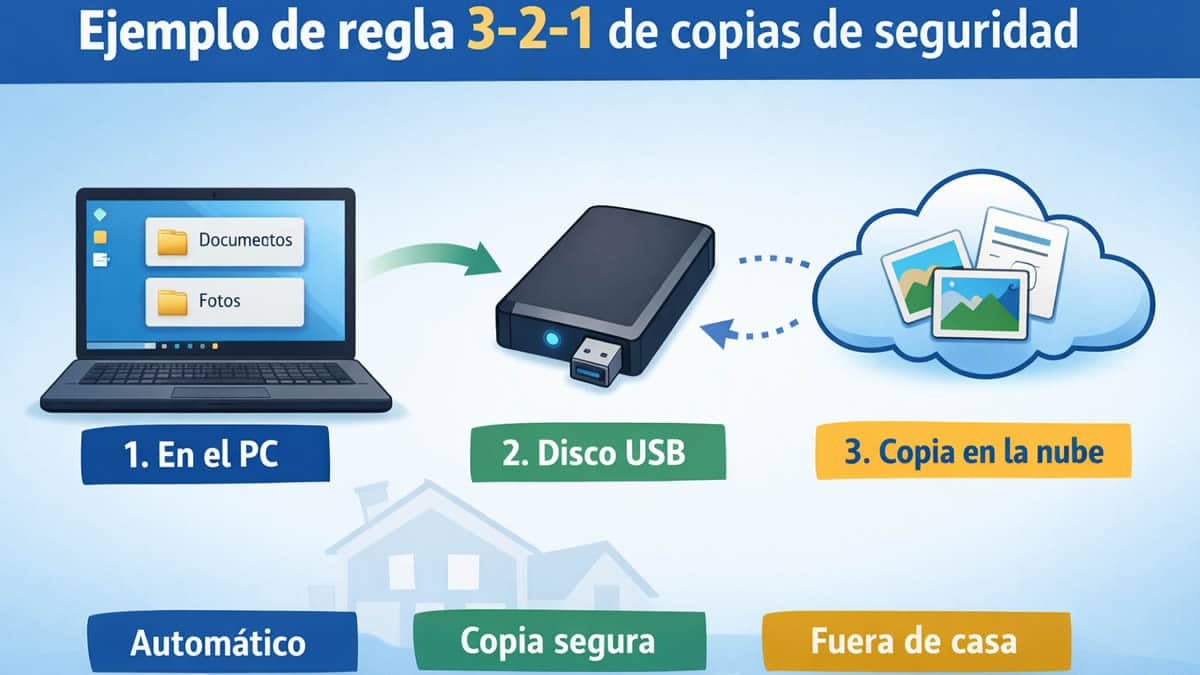 Ejemplo de regla 3-2-1 de copias de seguridad: PC, disco externo y nube