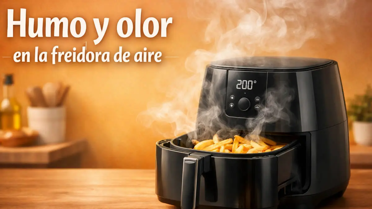 Freidora de aire con patatas humeando por exceso de grasa o restos quemándose