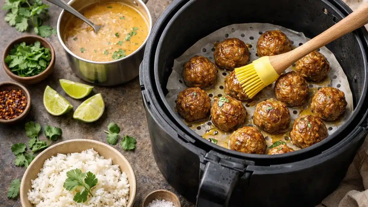 Alb&oacute;ndigas tailandesas dor&aacute;ndose en la freidora de aire sobre papel perforado, con salsa de coco y curry