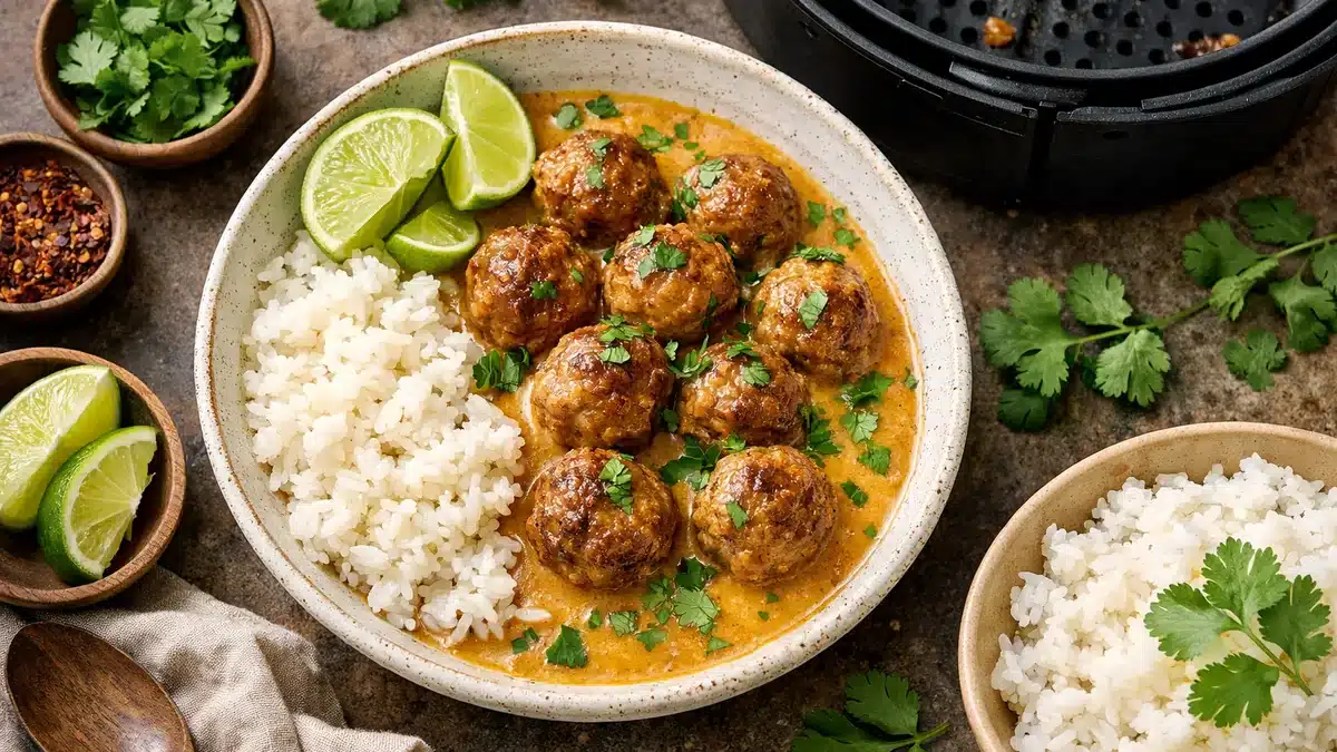 Alb&oacute;ndigas tailandesas jugosas con salsa de coco servidas con arroz y lima, receta en freidora de aire