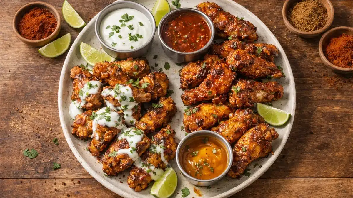 Tres variaciones de alitas masala en freidora de aire: yogur y lima, picante y suave