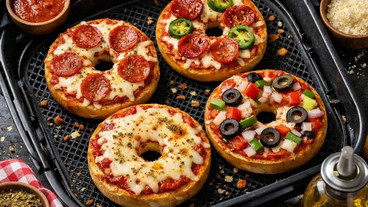 Bagel pizza en freidora de aire con queso gratinado y base crujiente
