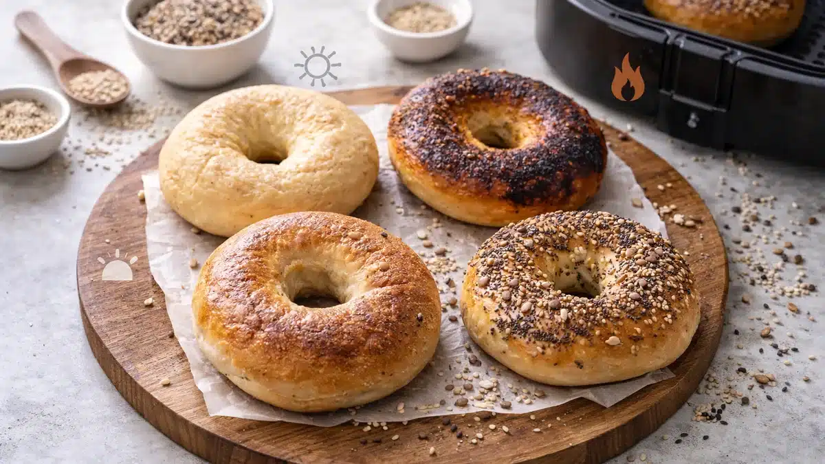 Bagels en freidora de aire con fallos típicos: pálido, demasiado tostado, denso y con semillas irregulares.