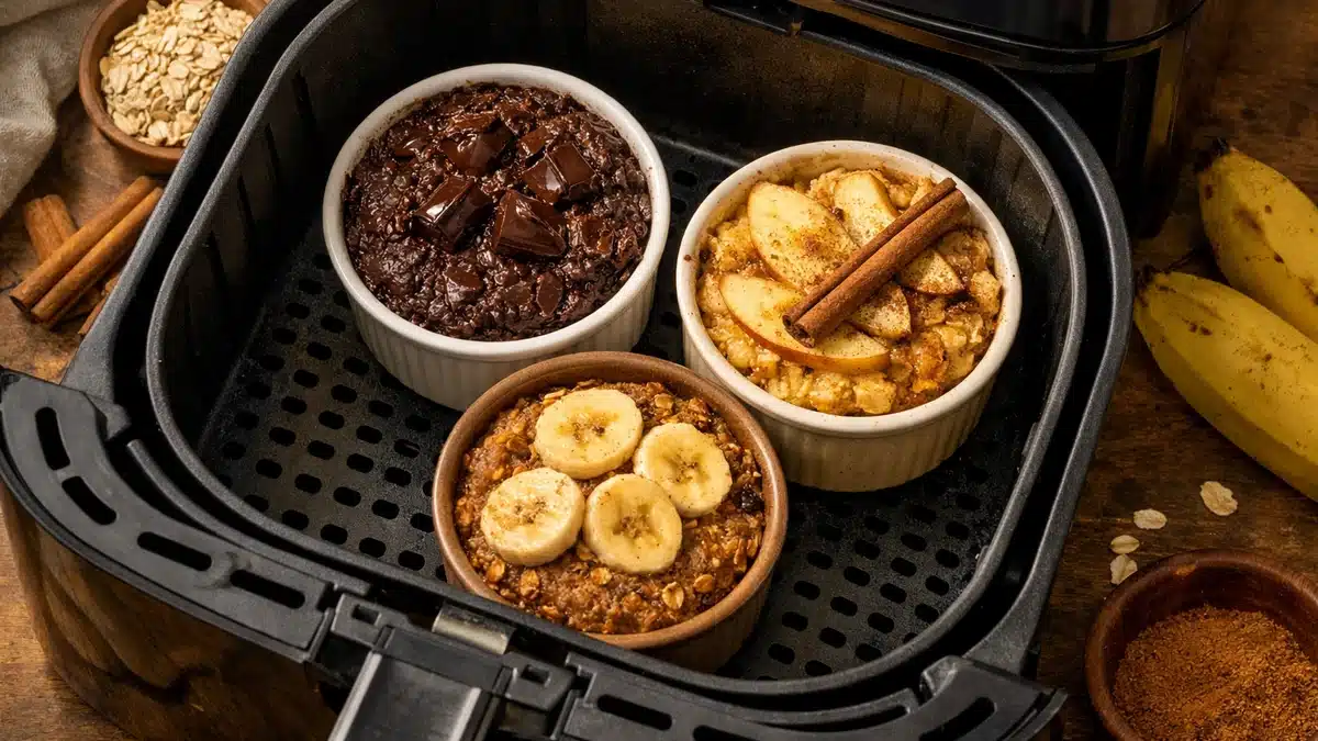 Tres baked oats en moldes dentro de una freidora de aire: chocolate, manzana-canela y pl&aacute;tano.