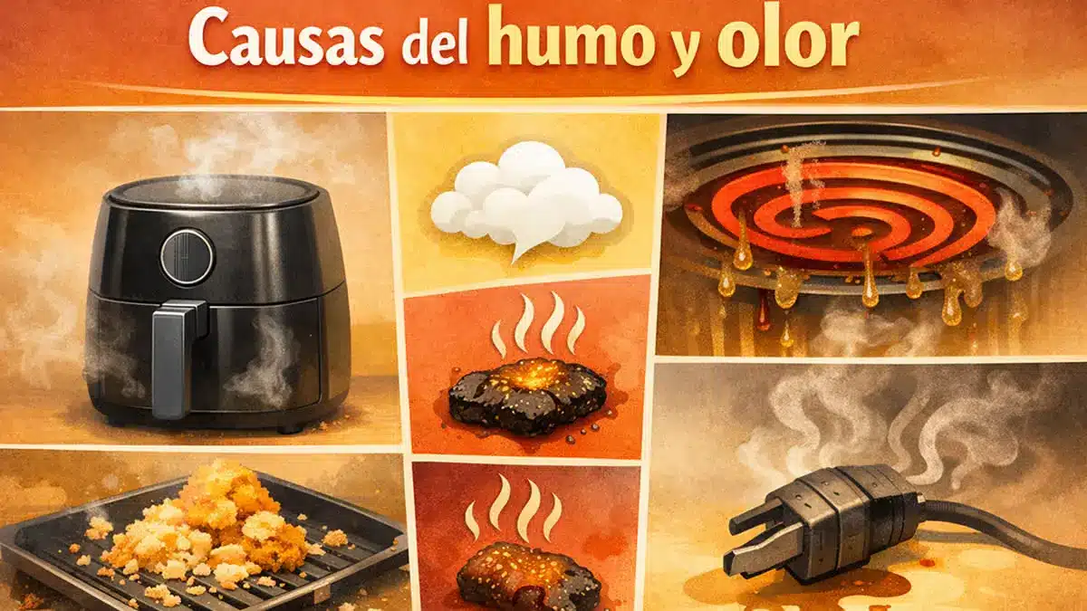 Collage con las causas del humo y olor en una freidora de aire: grasa, migas, restos quemados y posible fallo eléctrico