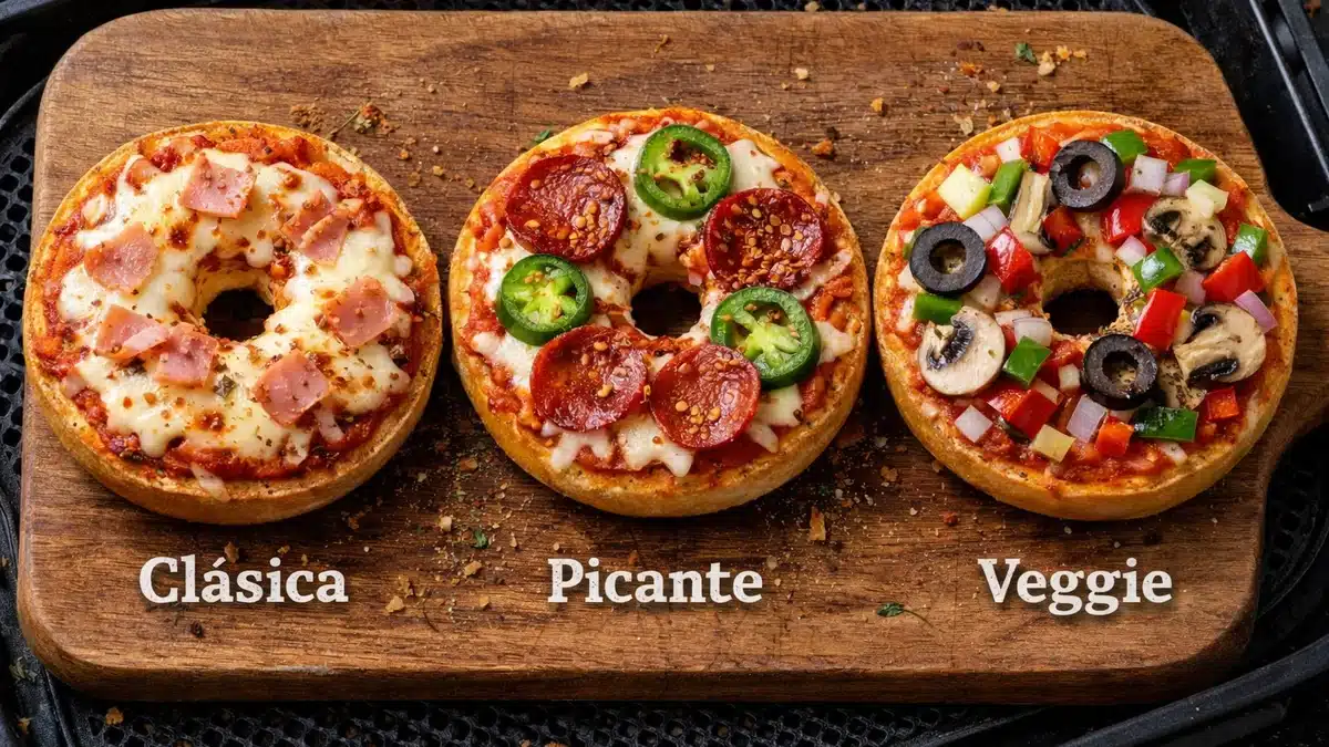 Tres bagel pizzas en freidora de aire con coberturas clásica, picante y veggie
