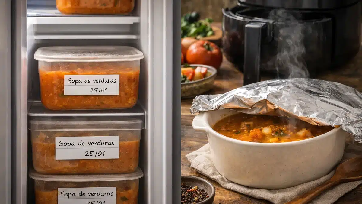 Conservaci&oacute;n y recalentado de sopa de verduras asadas, con recipientes en nevera y calentado en freidora de aire