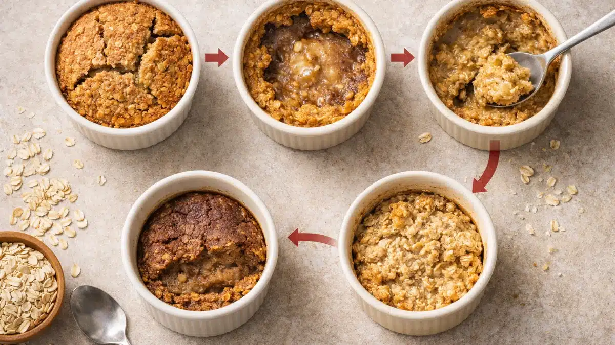 Cinco ramequines de baked oats mostrando errores comunes: seco, crudo en el centro, hundido, pegado y harinoso.