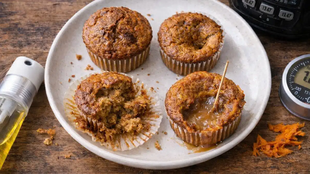 Muffins de zanahoria y manzana mostrando errores comunes: secos, hundidos, pegados y crudos por dentro