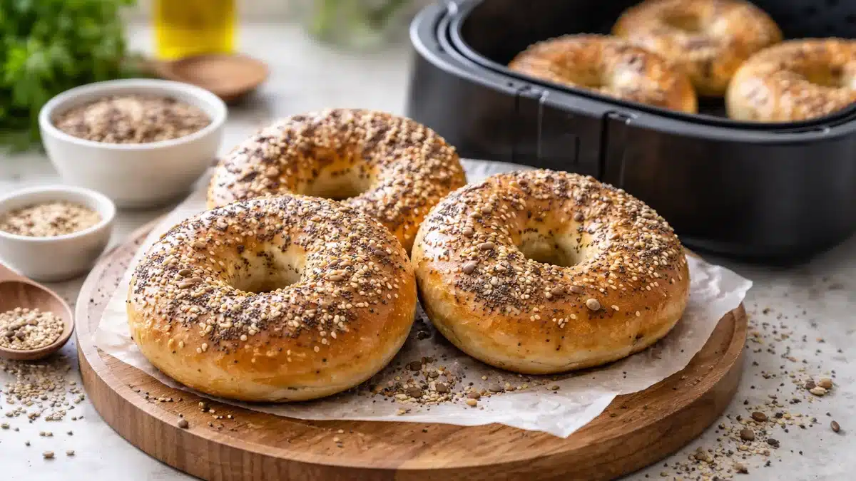 Bagels en freidora de aire con semillas, dorados, sobre una tabla junto a la cesta de la freidora.
