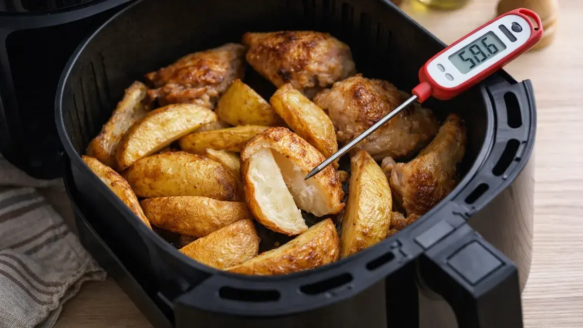 Cesta de freidora de aire con pollo y patatas doradas, con una patata abierta cruda por dentro.