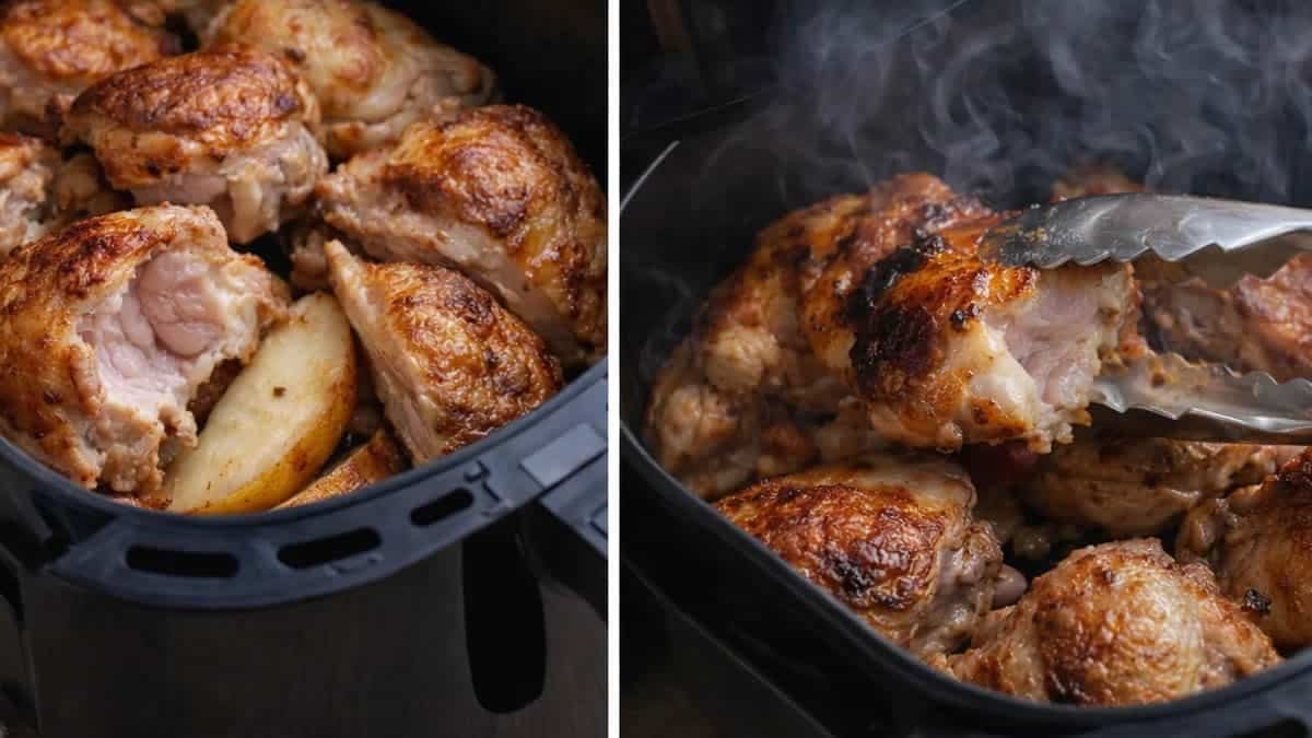 Cesta de freidora de aire con pollo dorado por fuera pero crudo por dentro, mostrando errores de temperatura alta y exceso de cantidad.