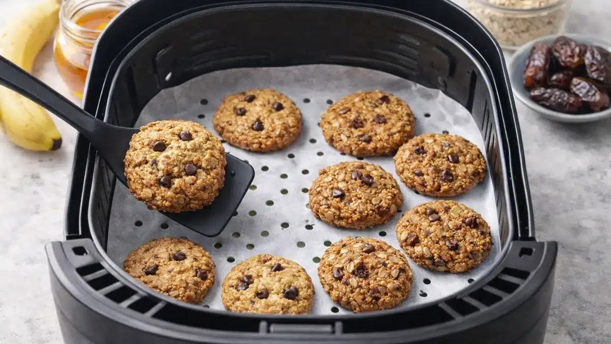 Galletas de avena en freidora de aire en cesta con papel perforado, con una galleta entera levantada en esp&aacute;tula y ingredientes al fondo.