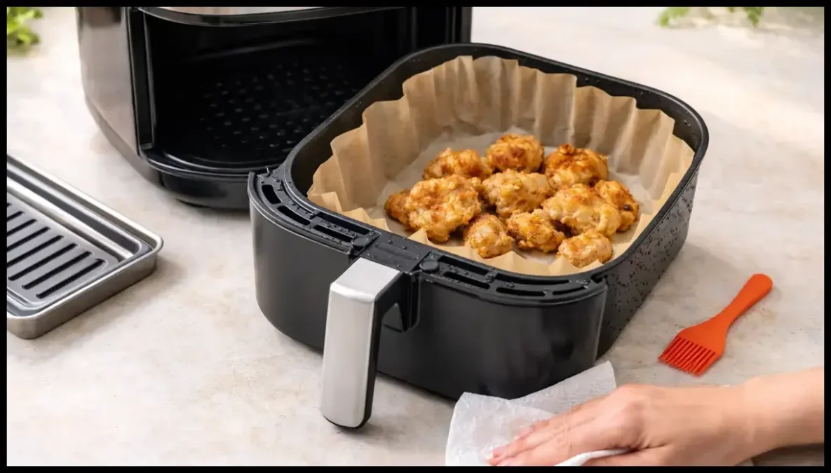 Cesta de freidora de aire con papel vegetal y comida en pocas piezas para ensuciar menos