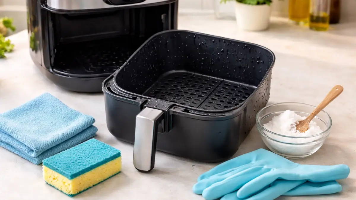 Freidora de aire con la cesta extra&iacute;ble y utensilios de limpieza (esponja, pa&ntilde;o y bicarbonato)