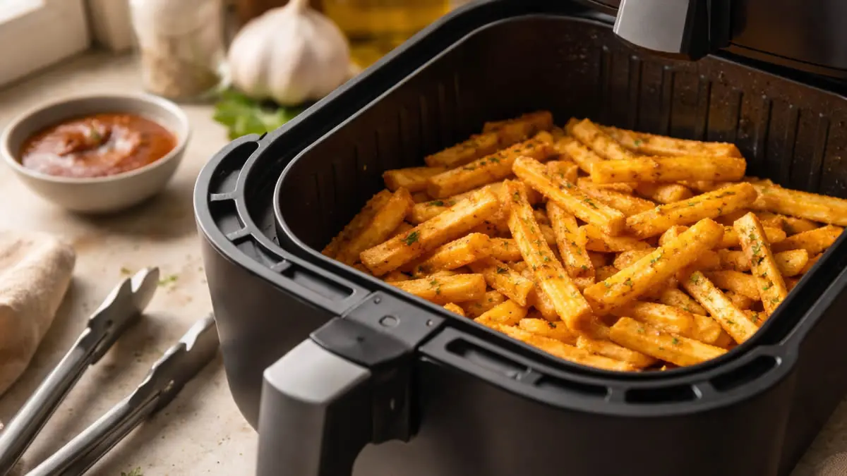 Cesta de freidora de aire abierta con patatas doradas y superficie crujiente sobre una encimera de cocina.